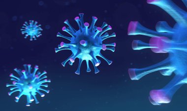Bir grup virüs hücresi. Coronavirus hücrelerinin 3 boyutlu çizimi. 3d oluşturma