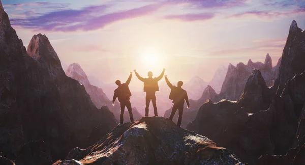 Η Σιλουέτα μιας ομάδας τριών ανθρώπων γιορτάζει τη νίκη με φόντο τα βουνά και το ηλιοβασίλεμα. 3d απόδοση — Φωτογραφία Αρχείου