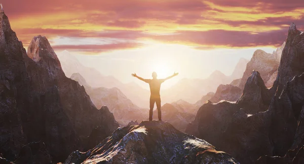 Silhouette of man on a peak of a mountain at sunset. 3d rendering — Stock Photo, Image