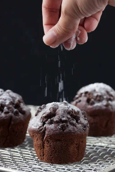 Chocolate muffin,  pouring powdered sugar — Stock Photo, Image