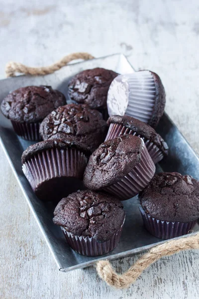Muffins au chocolat sur fond de bois blanc — Photo