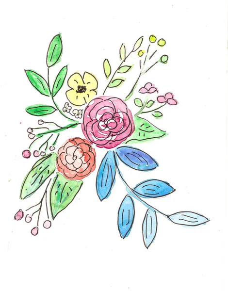 手工水彩五颜六色的花和叶子 — 图库照片