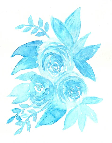 Handgemaakt Aquarel Blauwe Bloemen Bladeren — Stockfoto