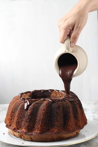 Homemade pound cake with chocolate sauce