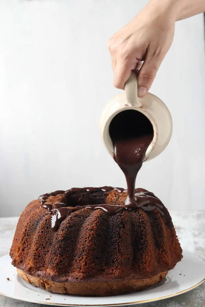 Homemade pound cake with chocolate sauce