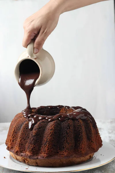 Homemade pound cake with chocolate sauce