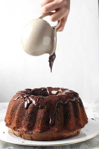 Homemade pound cake with chocolate sauce