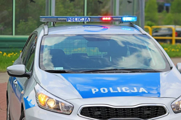 Närbild Policja Polisen Skylt Bilen Polen — Stockfoto