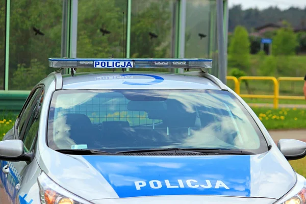 Close Policja Policie Znamení Autě Polsko — Stock fotografie