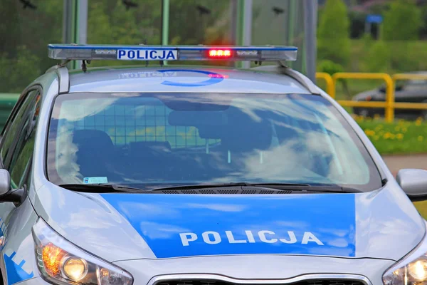 Närbild Policja Polisen Skylt Bilen Polen Stockbild