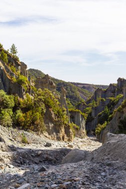 Putangirua Pinnacles. Kuzey Adası, Yeni Zelanda 'nın sarp kayalıkları