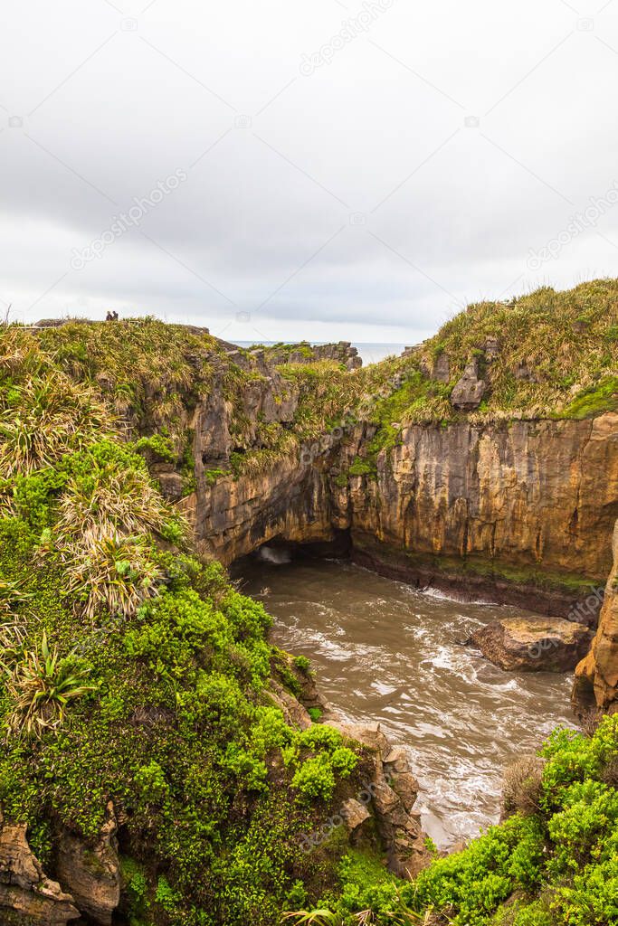 Stone cave. Pancake Rocks. Paparoa national park, South Island, New Zealand