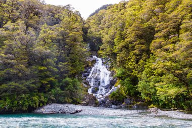 Yeşillikler arasında şelaleli bir manzara. Güney Adası, Yeni Zelanda