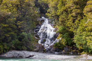 Güney Adası manzarası. Yeşillikler arasında küçük bir şelale. Yeni Zelanda