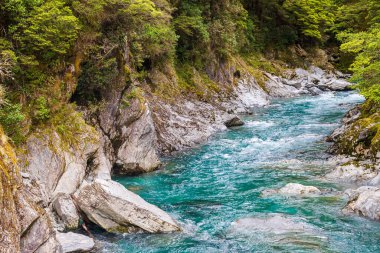 Kayaların arasında küçük, hızlı bir dere. Güney Adası, Yeni Zelanda
