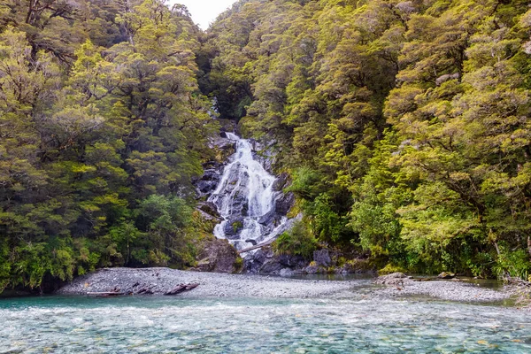 Landscapes of South Island. Waterfall among the greenery. South Island, New Zealand