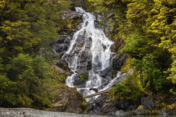 Une Petite Cascade Milieu Verdure Île Sud Nouvelle Zélande — Photo