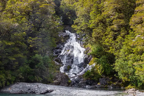 Point Vue Nouvelle Zélande Chute Eau Dans Verdure Île Sud — Photo