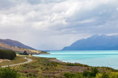 Turkuaz gölü kıyısında, Pukaki. Güney Alplerine giden yol. Güney Adası, Yeni Zelanda