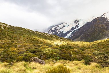 Hooker Gölü 'ne giden manzara. Güney Adası, Yeni Zelanda