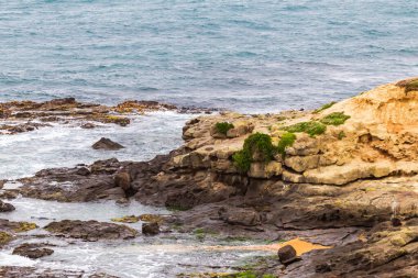 Katiki Point yakınlarındaki kayalar. Pasifik Okyanusu 'nun kayalık kıyıları. Yeni Zelanda