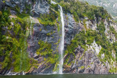 Fiordland Ulusal Parkı 'ndaki dağdan küçük bir şelale. Güney Adası, Yeni Zelanda
