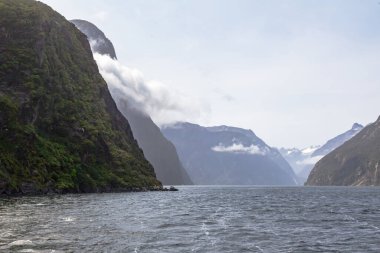 Fjordland 'in manzaraları. Bulutlarda karlı zirveler. Yeni Zelanda