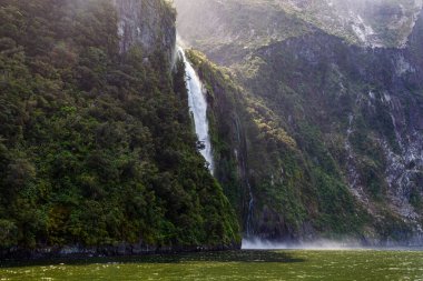 Küçük bir şelale ve yeşil bir dağ manzarası. İtfaiyeciler Ulusal Parkı. Yeni Zelanda