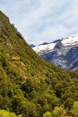 Te Anau yolu üzerindeki karlı dağlar ve tepeler arasındaki vadi. Güney Adası, Yeni Zelanda