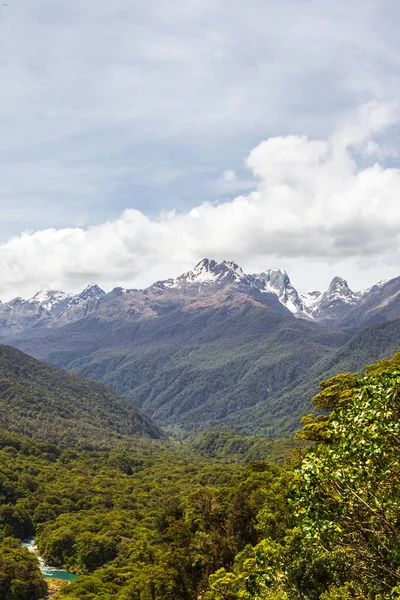 Krajobrazy Fiordlandu Widok Ośnieżone Góry Gęsto Zalesione Wzgórza Nowa Zelandia — Zdjęcie stockowe