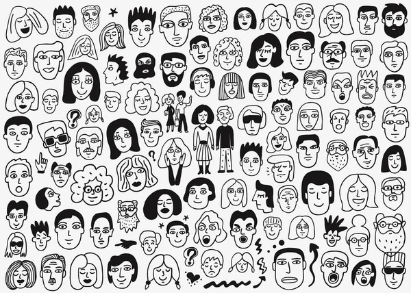 Küme yüzleri halkı - elle çizilmiş doodle — Stok Vektör
