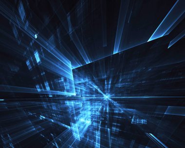Arka plan teknolojik - bilgisayar üzerinde oluşturulan görüntü. Fractal sanat: ışık efektleri ile cam bir boşluk. Yüksek teknoloji veya sanal gerçeklik kavramı.