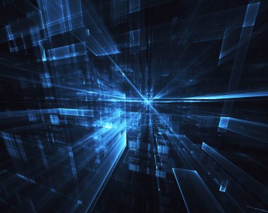 Arka plan teknolojik - bilgisayar üzerinde oluşturulan görüntü. Fractal sanat: ışık efektleri ile cam bir boşluk. Yüksek teknoloji veya sanal gerçeklik kavramı.