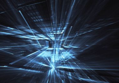 Arka plan teknolojik - bilgisayar üzerinde oluşturulan görüntü. Fractal sanat: ışık efektleri ile cam bir boşluk. Yüksek teknoloji veya sanal gerçeklik kavramı.