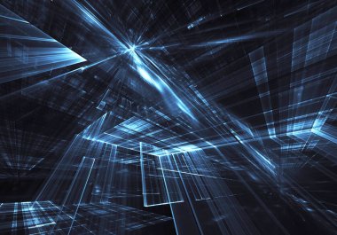 Arka plan teknolojik - bilgisayar üzerinde oluşturulan görüntü. Fractal sanat: ışık efektleri ile cam bir boşluk. Yüksek teknoloji veya sanal gerçeklik kavramı.