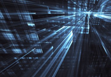 Arka plan teknolojik - bilgisayar üzerinde oluşturulan görüntü. Fractal sanat: ışık efektleri ile cam bir boşluk. Yüksek teknoloji veya sanal gerçeklik kavramı.