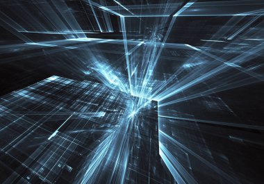 Arka plan teknolojik - bilgisayar üzerinde oluşturulan görüntü. Fractal sanat: ışık efektleri ile cam bir boşluk. Yüksek teknoloji veya sanal gerçeklik kavramı.