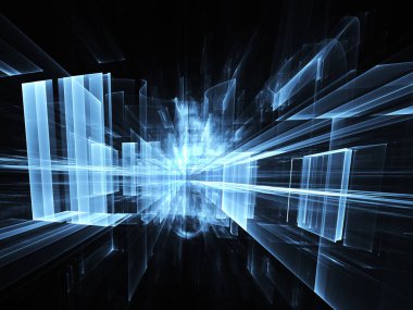 Arka plan teknolojik - bilgisayar üzerinde oluşturulan görüntü. Fractal sanat: ışık efektleri ile cam bir boşluk. Yüksek teknoloji veya sanal gerçeklik kavramı.