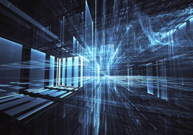 Arka plan teknolojik - bilgisayar üzerinde oluşturulan görüntü. Fractal sanat: ışık efektleri ile cam bir boşluk. Yüksek teknoloji veya sanal gerçeklik kavramı.