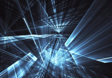 Soyut gelecekteki teknolojik altyapı - bilgisayar tarafından oluşturulan görüntü. Fractal sanat: cam oda ya da ışık efektleri ile gerçeküstü şehrin cadde. Yüksek teknoloji veya sanal gerçeklik kavramı.