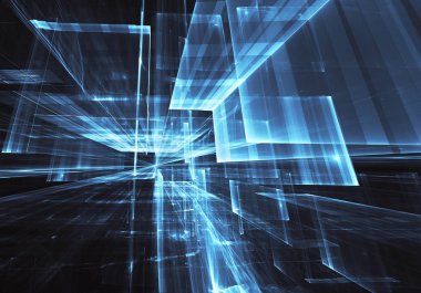 Soyut gelecekteki teknolojik altyapı - bilgisayar tarafından oluşturulan görüntü. Fractal sanat: cam oda ya da ışık efektleri ile gerçeküstü şehrin cadde. Yüksek teknoloji veya sanal gerçeklik kavramı.