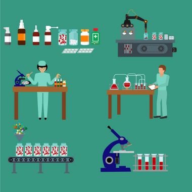 Scientists working on production of pills and drugs clipart
