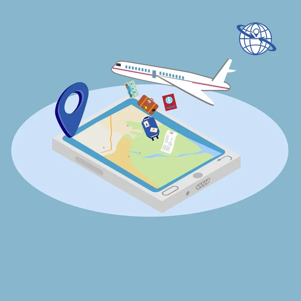 Smartphone con mapa y avión con bolsas — Archivo Imágenes Vectoriales