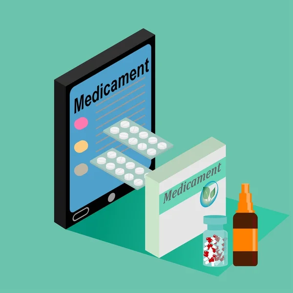 Medicamenti, pillole e barattolo con liquido medico — Vettoriale Stock