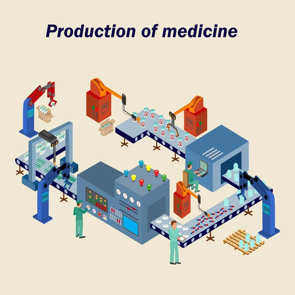 薬の生産の自動化されたプロセスと工場 — ストックベクタ