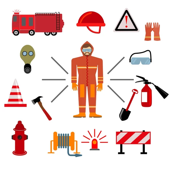 Brandweerman binnenkant cirkel van professionele spullen — Stockvector