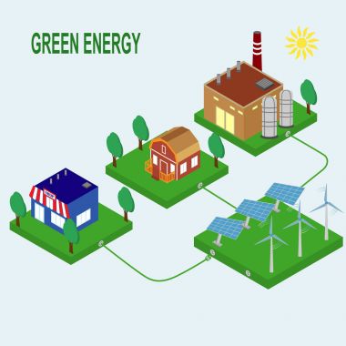 Güneş enerjisi kullanarak çeşitli izometrik modern binalar