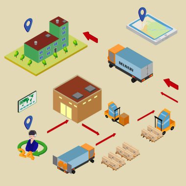 Yük taşıma ve teslimat lojistik düz Icons set