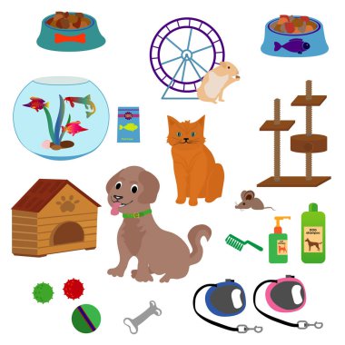 Köpek ve kedi simgeleri ve evcil hayvanlar için ürünler ile evde beslenen hayvan dükkan dekoratif Icons set