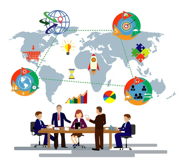 Επιχειρηματίες Που Εργάζονται Στο Γραφείο Παγκόσμιο Χάρτη Φόντο — Διανυσματικό Αρχείο